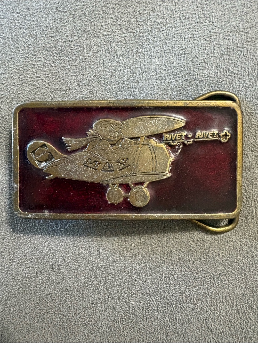 Vintage Belt Buckle MAX Rivet Rivet Cessna Plane Enamel Bronze